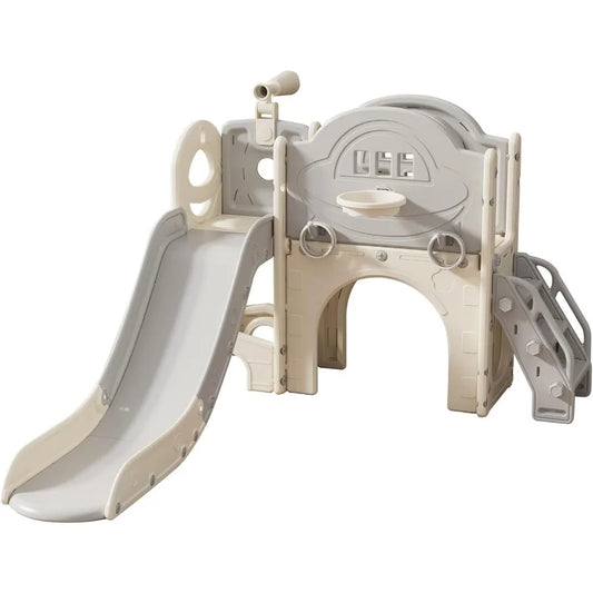 Playground Toddler Slide Playset with Climber Basketball Hoop Tunnel Ring Toss Game and Storage Space White Grey Outdoor Indoor