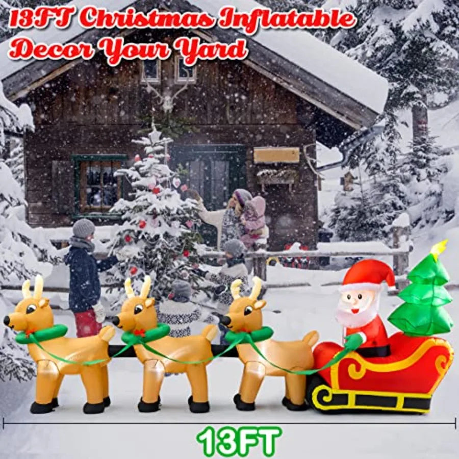 Outdoor Christmas inflatables decorations: 13 FT lighted Santa Claus on sleigh with 3 reindeer Christmas tree, PVC material, re