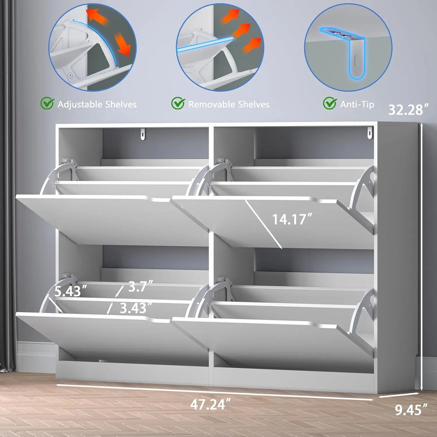 Shoe Cabinet With 4 Flip Drawers Freestanding Narrow Organizer