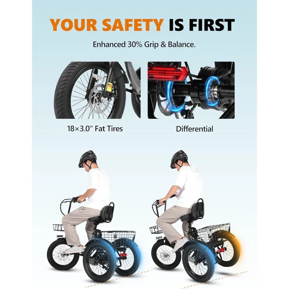 Adults Electric Trike Bike, 1200W Peak Motor & 499.2Wh Removable Battery,18x3.0 Fat Tire Foldable 3-Wheel E-Bike with Step