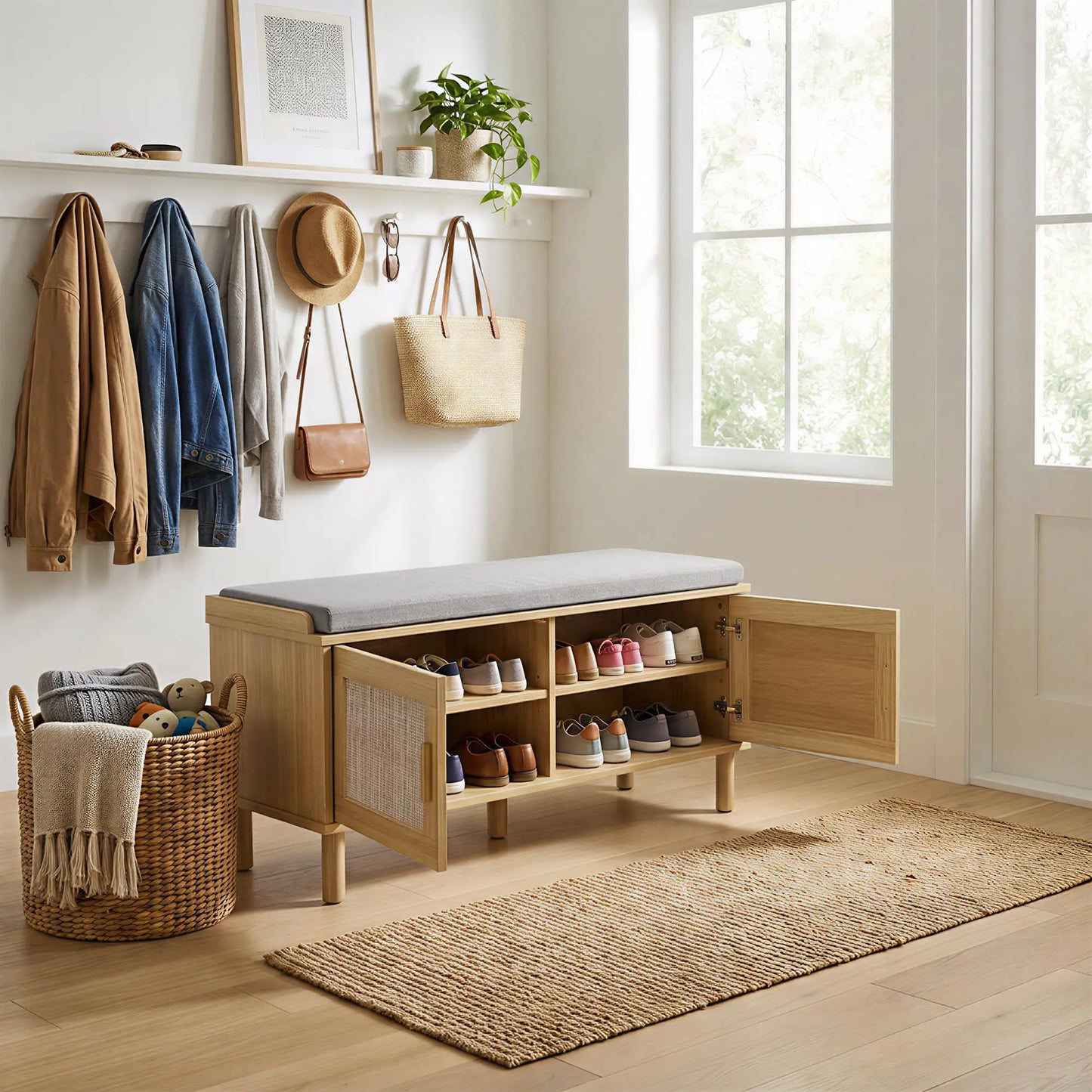 Rattan Shoe Storage Bench With Cushion, Adjustable Shelf Entryway Shoe Cabinet, Hidden Storage Organizer With Gold Handles For Hallway