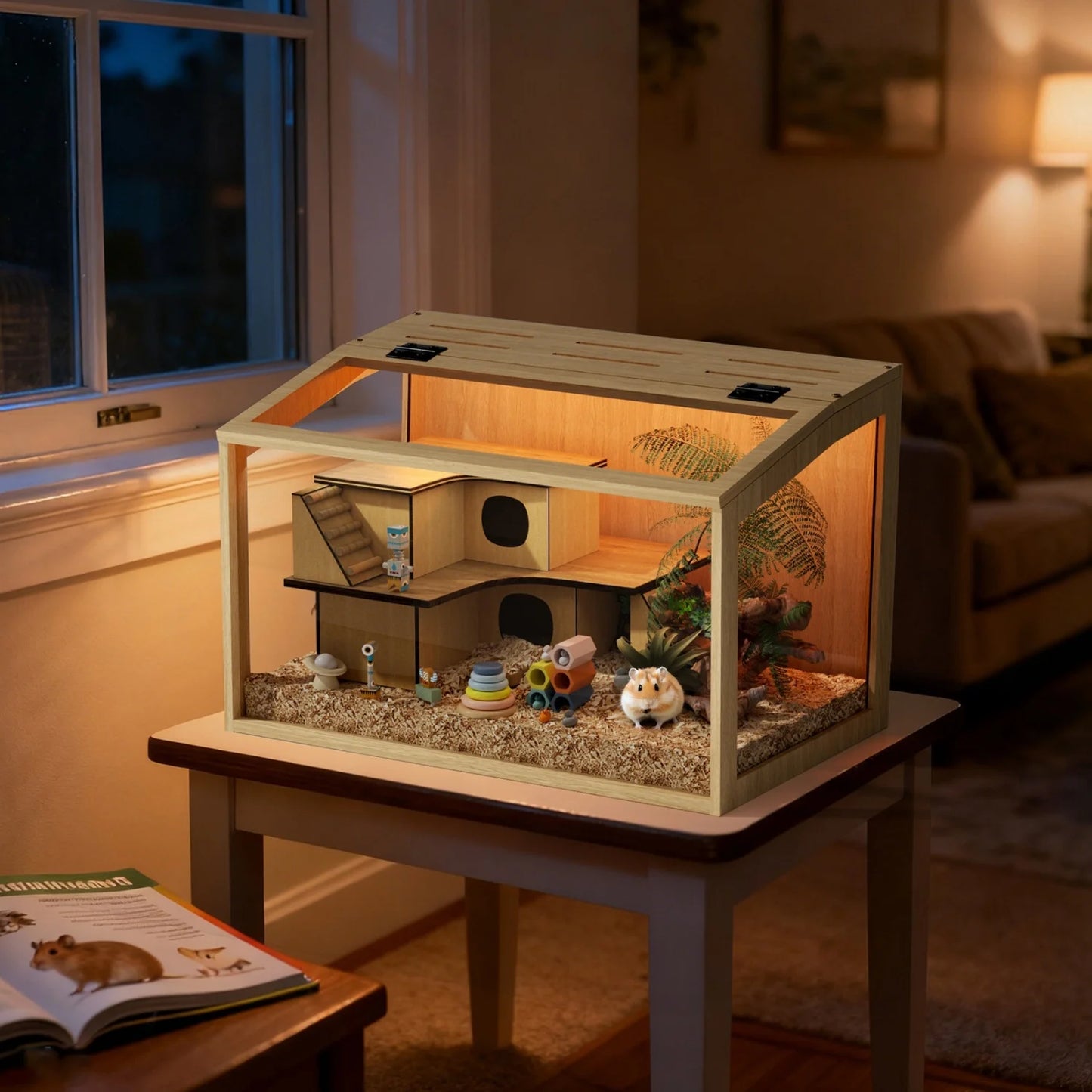 Wooden Hamster Cage Tempered Glass Panels And Led Lighting