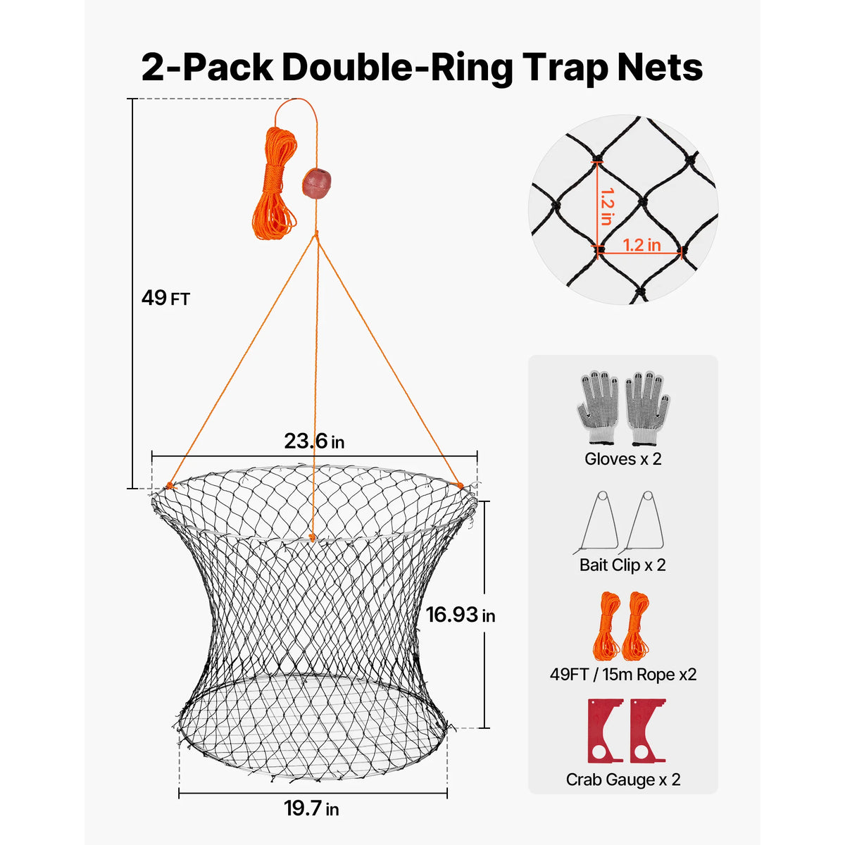 SucceBuy Double Ring Crab Trap 24in Top 20in Bottom Two Rings Crab Kit Foldable Fishing Net with Gauge 60ft Rope Wire Grid 2set