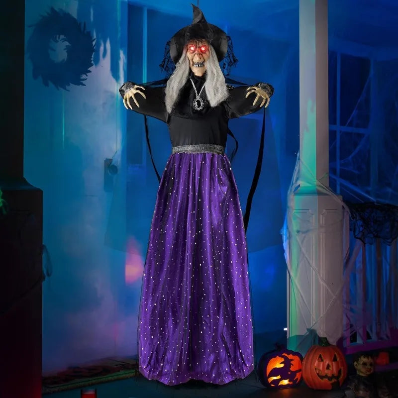 47'' Tall Animated Witch Halloween Decorations Outdoor Indoor Scary Halloween Animatronics Decor, Hanging Ghost Talking Sound Activated Led Lights Eyes Haunted House Yard Garden Lawn
