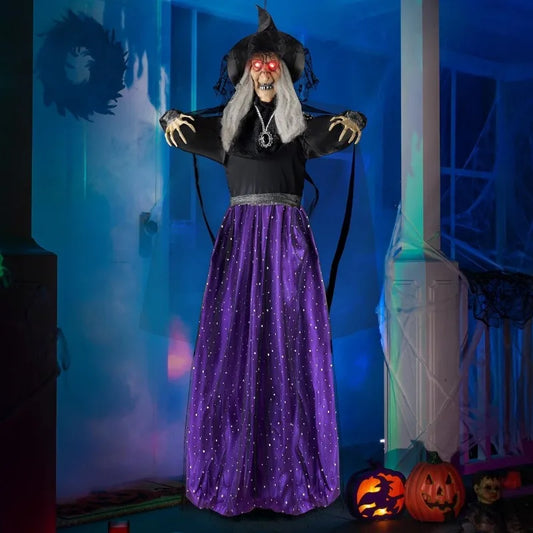 47'' Tall Animated Witch Halloween Decorations Outdoor Indoor Scary Halloween Animatronics Decor, Hanging Ghost Talking Sound Activated Led Lights Eyes Haunted House Yard Garden Lawn