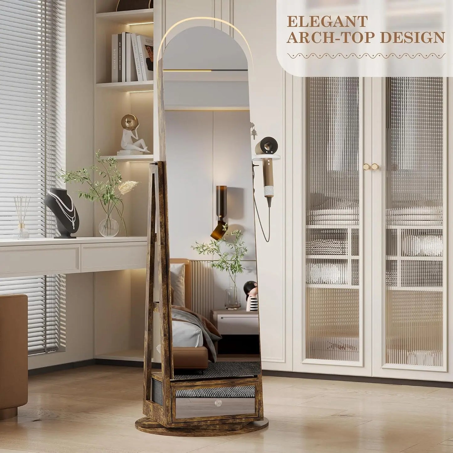 MOYU 360 Degree Swivel Arched Jewelry Mirror Cabinet with LED