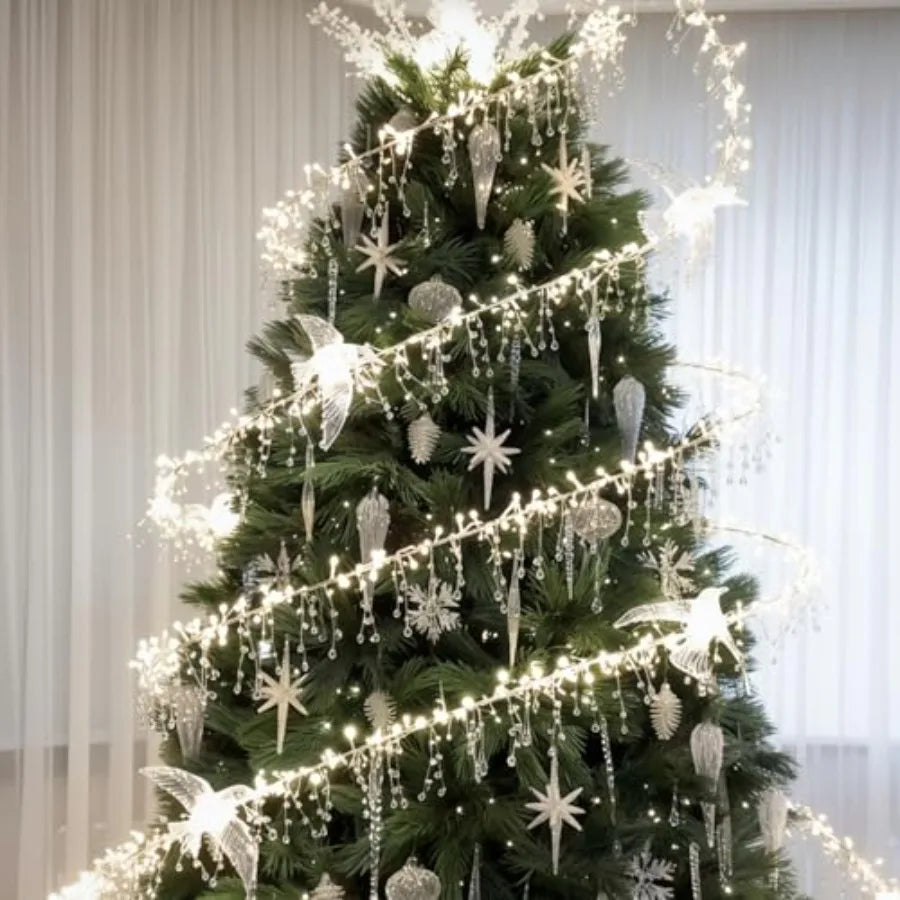 Crystal Christmas Tree Decor Acrylic Crystal LED Fairy Garland Strands with Acrylic Hummingbird Iron Wire 90 Waterdrop Beads Su
