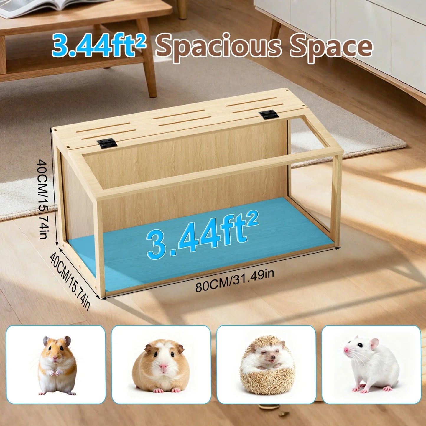 Wooden Hamster Guinea Pig Habitat Cage With Tempered Glass