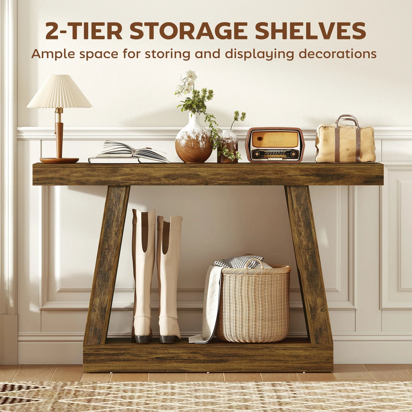55.1" Narrow Entryway Table, 2-Tier Farmhouse Console Table with Thickened Tabletop, Storage Shelf and Trapezoidal Base for Behind Couch Sofa, Living Room, Hallway, Entrance, Rustic Brown