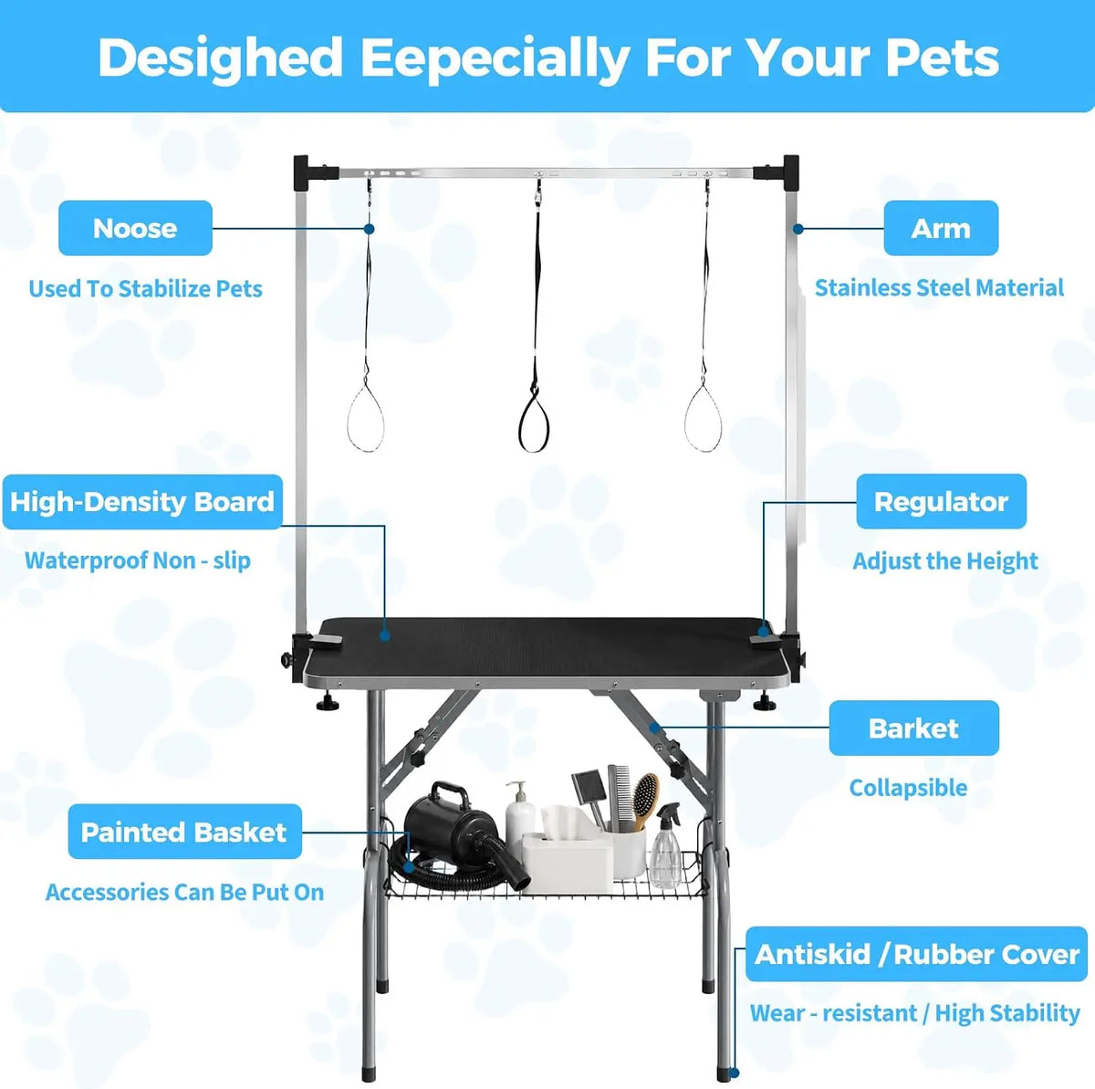 Garvee 36'' Foldable Dog Grooming Table Portable Bathing and Haircut Station for Dogs/Cats Anti-Slip Surface Lightweight for Home Salon Use Adjustable H Arm, Mesh Storage Basket, Waterproof Anti-Slip Top