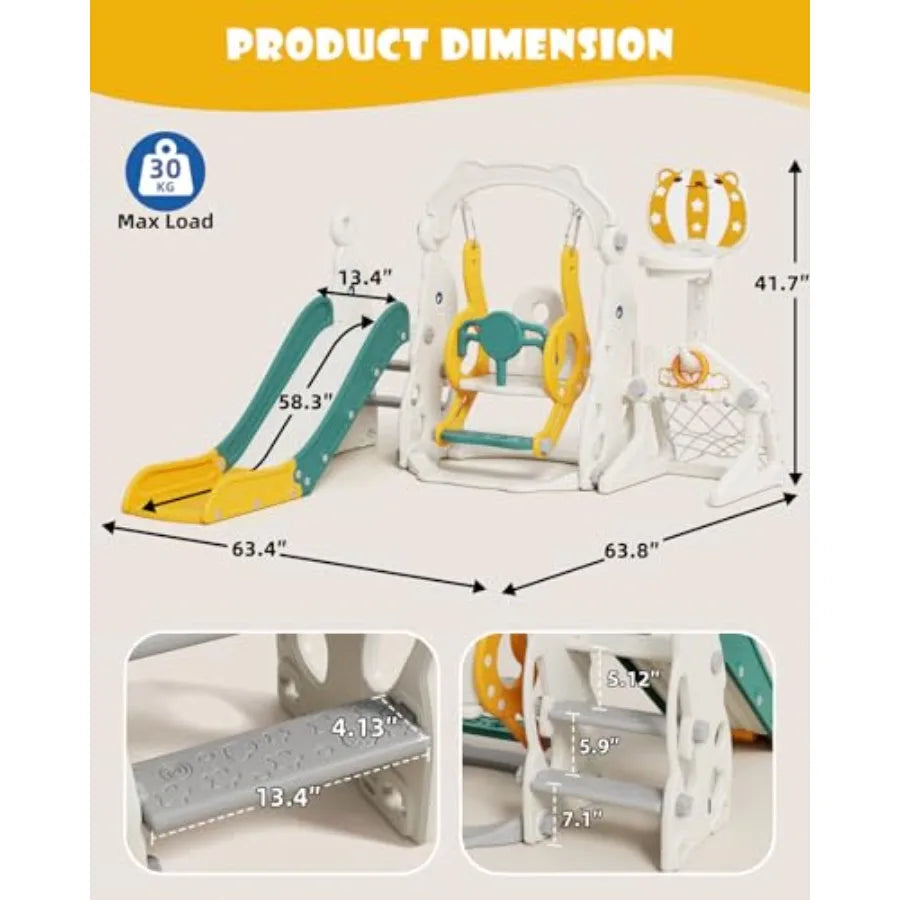 Green 6-in-1 Toddler Outdoor Playset with Slide Swing Climber Basketball Hoop Soccer Goal for Ages 1-3 Indoor Outdoor Playgroun