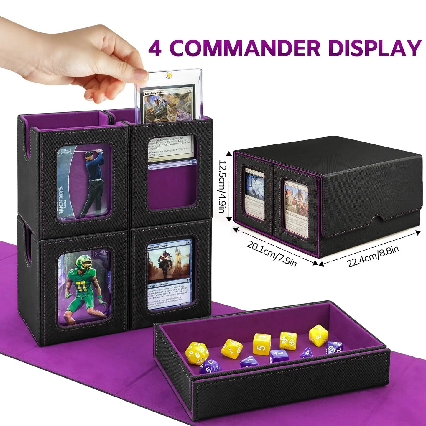 Commander Deck Box for MTG, Trading Card Storage Box Fits 400+ Double-Sleeved Cards, 5-IN-1 Multi-purpose Removable Deck Case with Dice Tray, Display Window for TCG/Sports Card