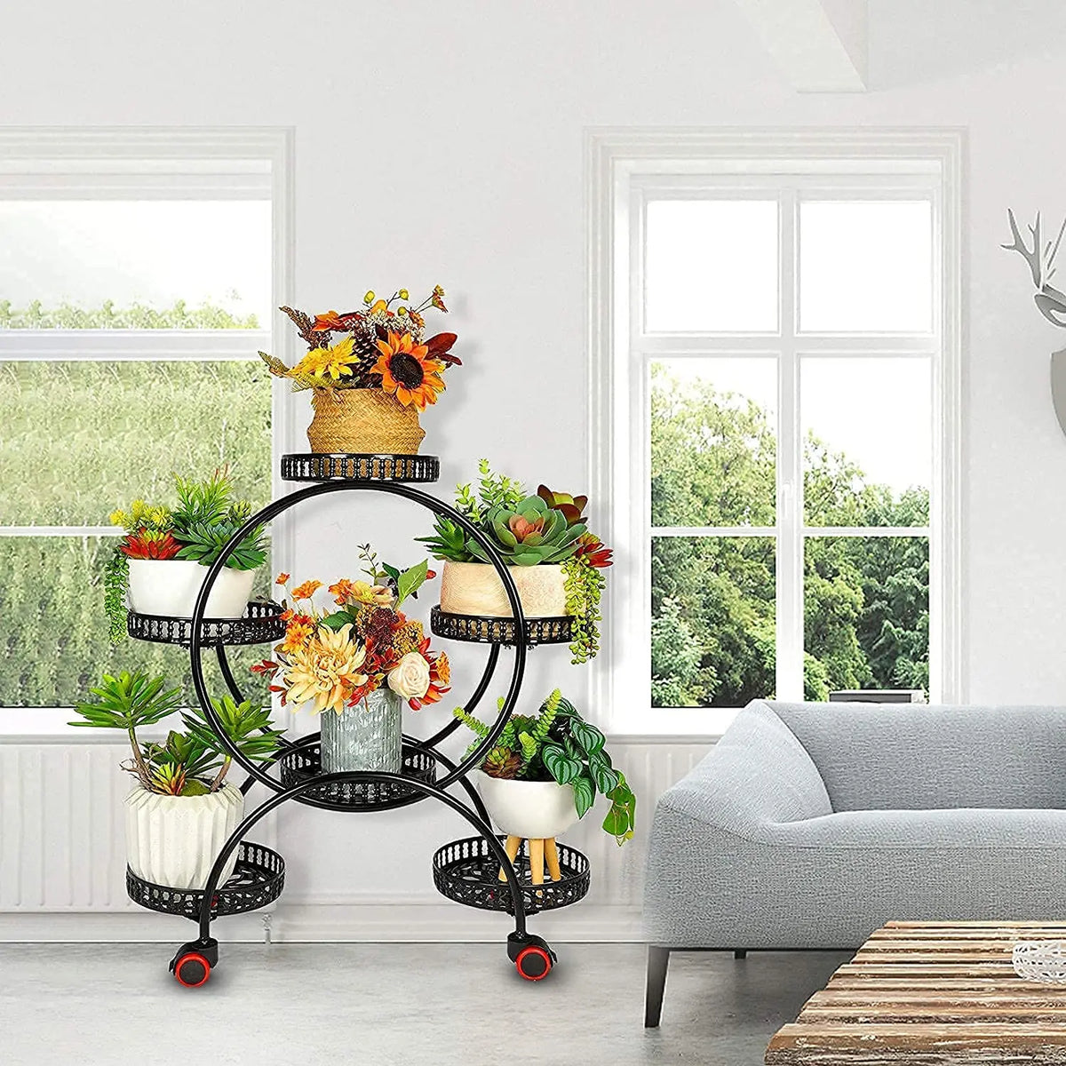 BINGOPAW Multi Tier Metal Plant Stand With Wheels for Indoor Outdoor Use