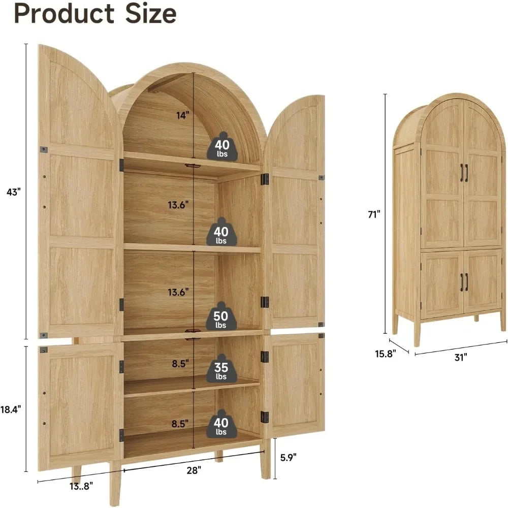 Wooden Arched Pantry Cabinet With Doors 5-Tier Farmhouse Storage For Kitchen Use