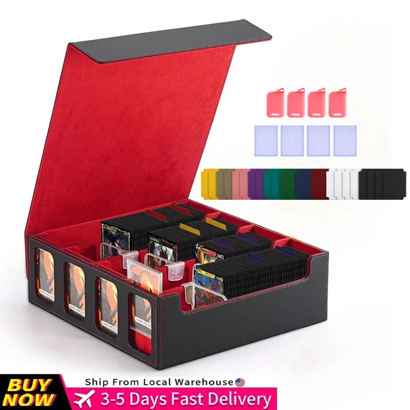 Ultra-Capacity 4-Row Trading MTG Card Storage Box with Display, Holds 3000+ Cards with Dividers & Card Holders, PU Leather Commander Deck Box for MTG, YuGiOh, TCG Deck Box, Sport Cards