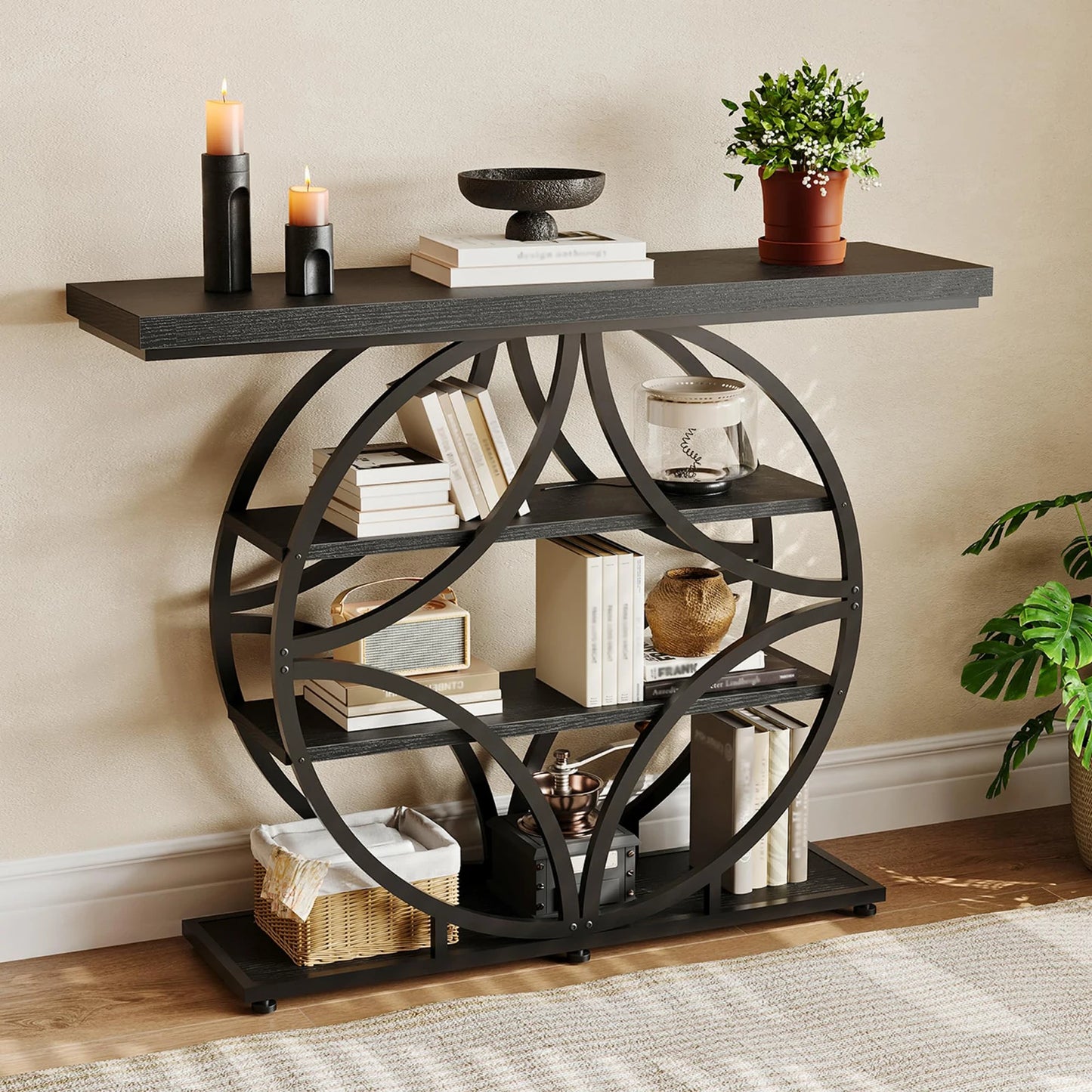41.3 Inch Console Table With Circle Metal Base, 4 Tier Narrow Entryway Sofa Table, Industrial Hallway Accent Table
