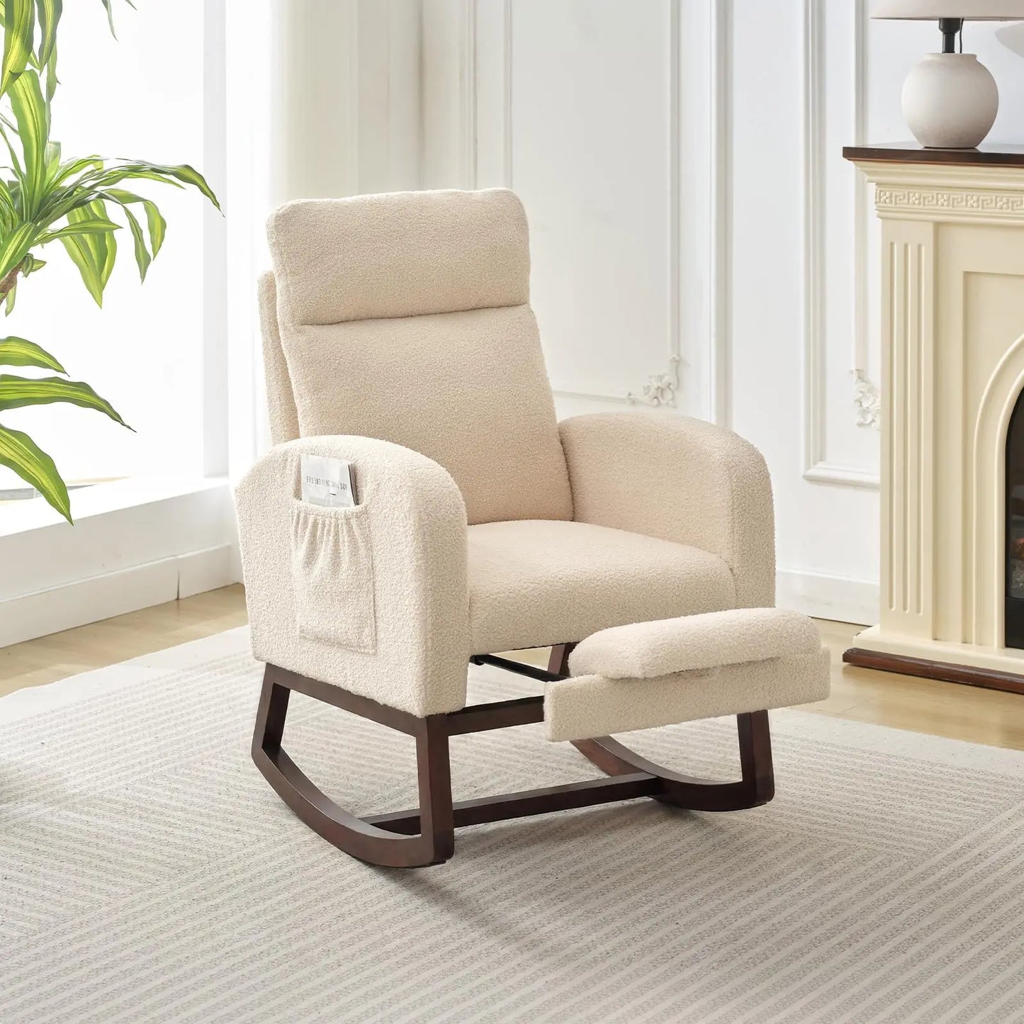 Modern Nursery Rocking Chair, Teddy Upholstered Rocking Chair with Footrest, Comfortable Rocker Recliner with Side Pocket, Rocker Glider for Living Room, Bedroom, Nursing Room