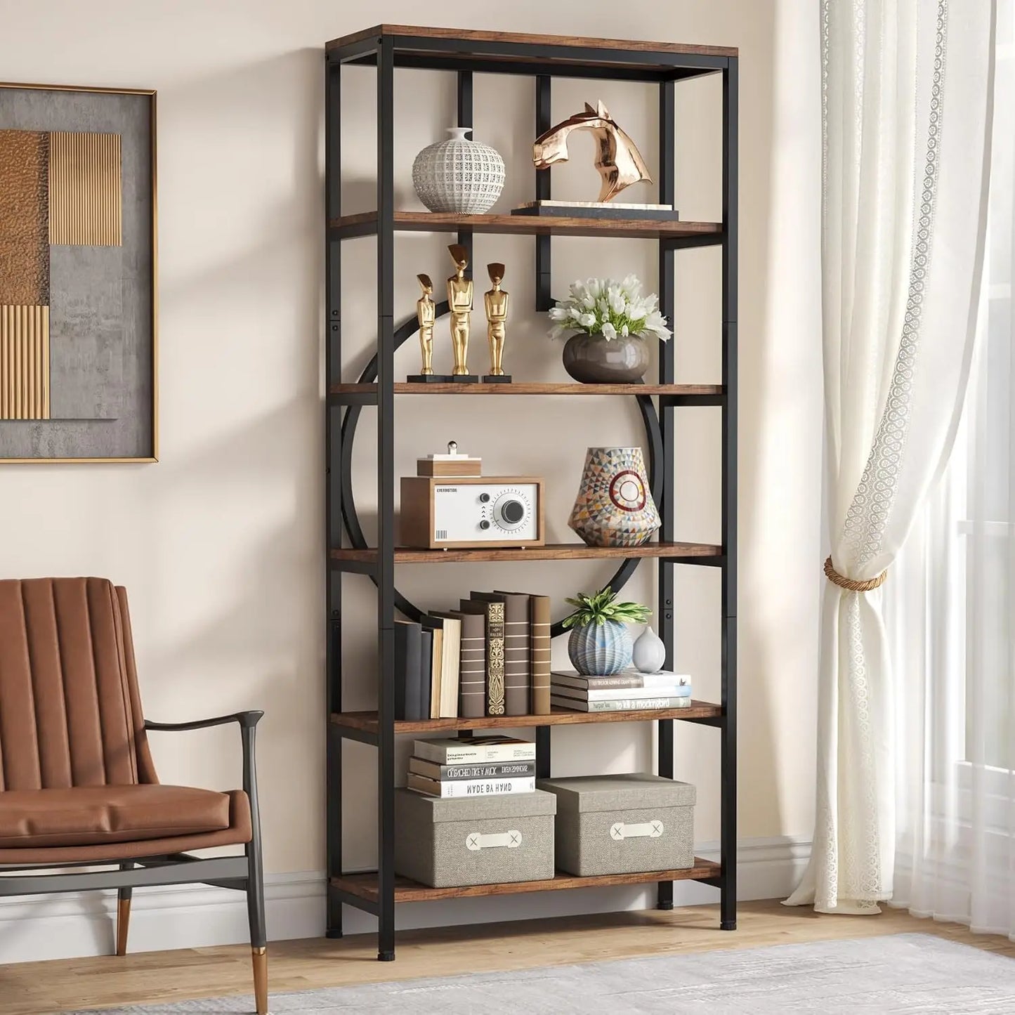 Little Tree Industrial Bookshelf Etagere 6 Tier For Living Room