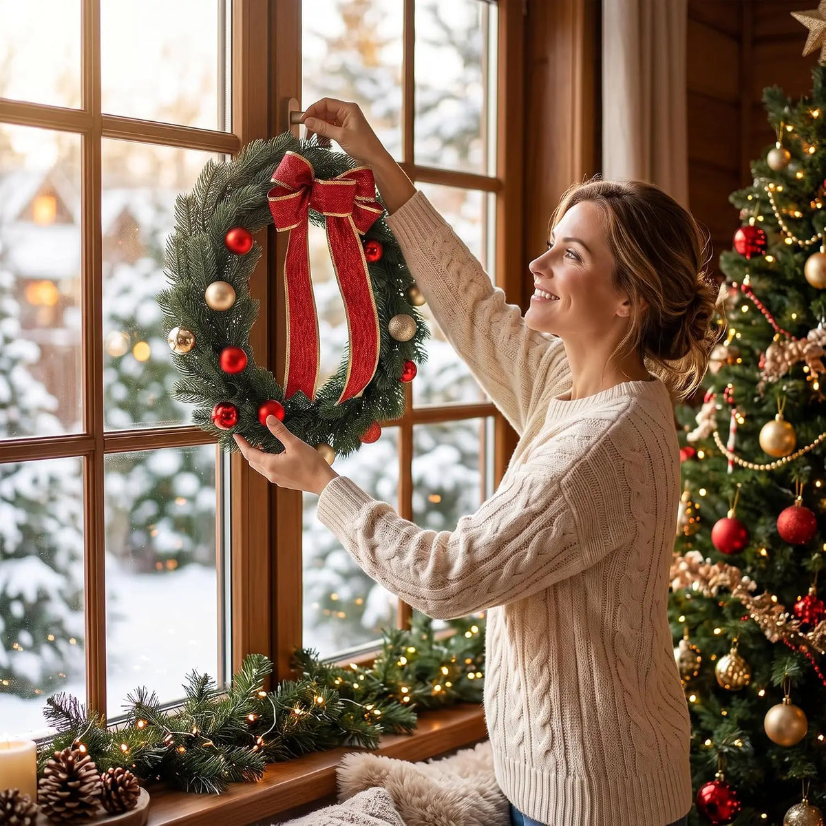 45/55/60CM Pre-Lit Christmas Wreath for Front Door Artificial Pine with LED Lights Red Bow & Red/Gold Ornaments Window Wall Hanging Decor Xmas Decorations