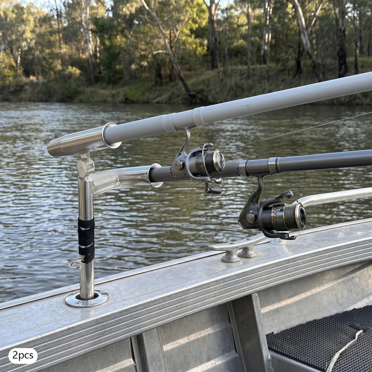 Fishing Rod Holders, 2pcs Double Ended Fishing Rod Holder, Rod Rack, Stainless Steel Adjustable Bracket for Boats, Dual Rod Design, Non-Slip Rubber Padding, 75cm Nylon Strap, Easy Install, Portable Secure Support for Railings