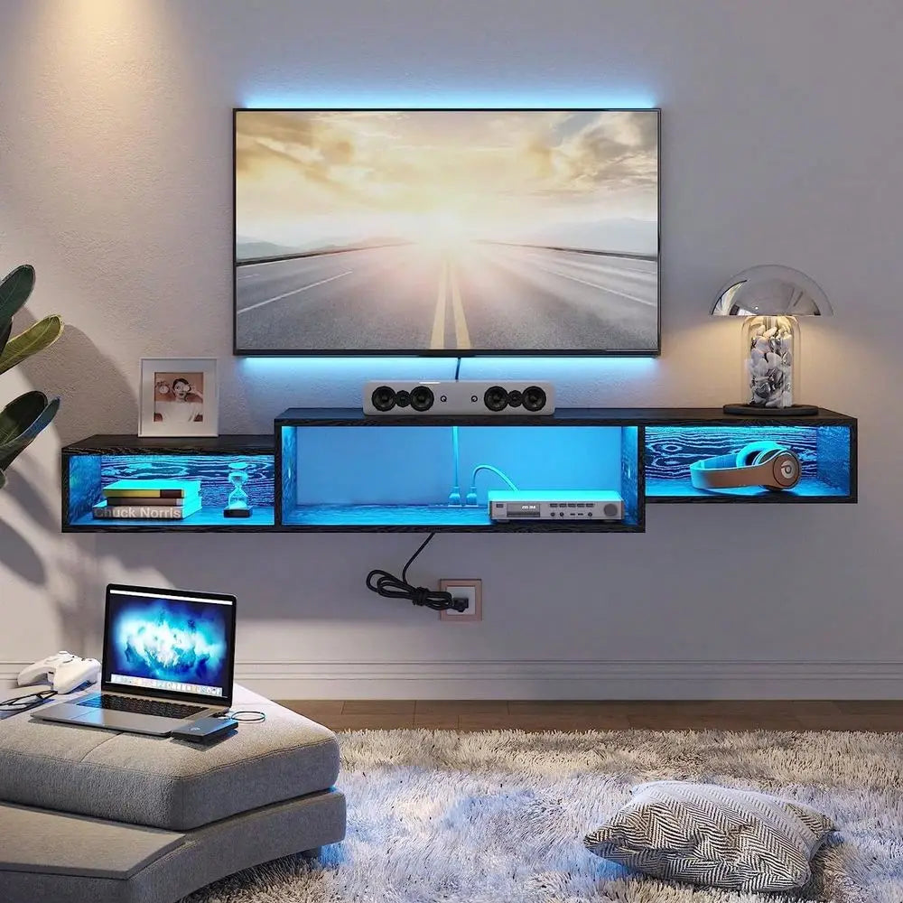 Floating TV Stand With Lights And Power Outlet Entertainment Center