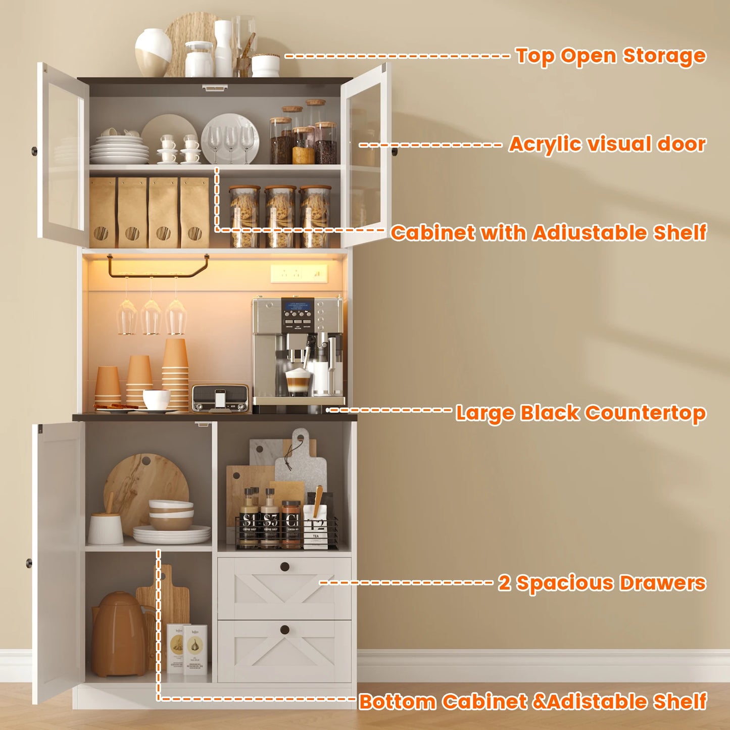 BIGBIGLIFE Kitchen Pantry Cabinet With LED Lights And Microwave Stand