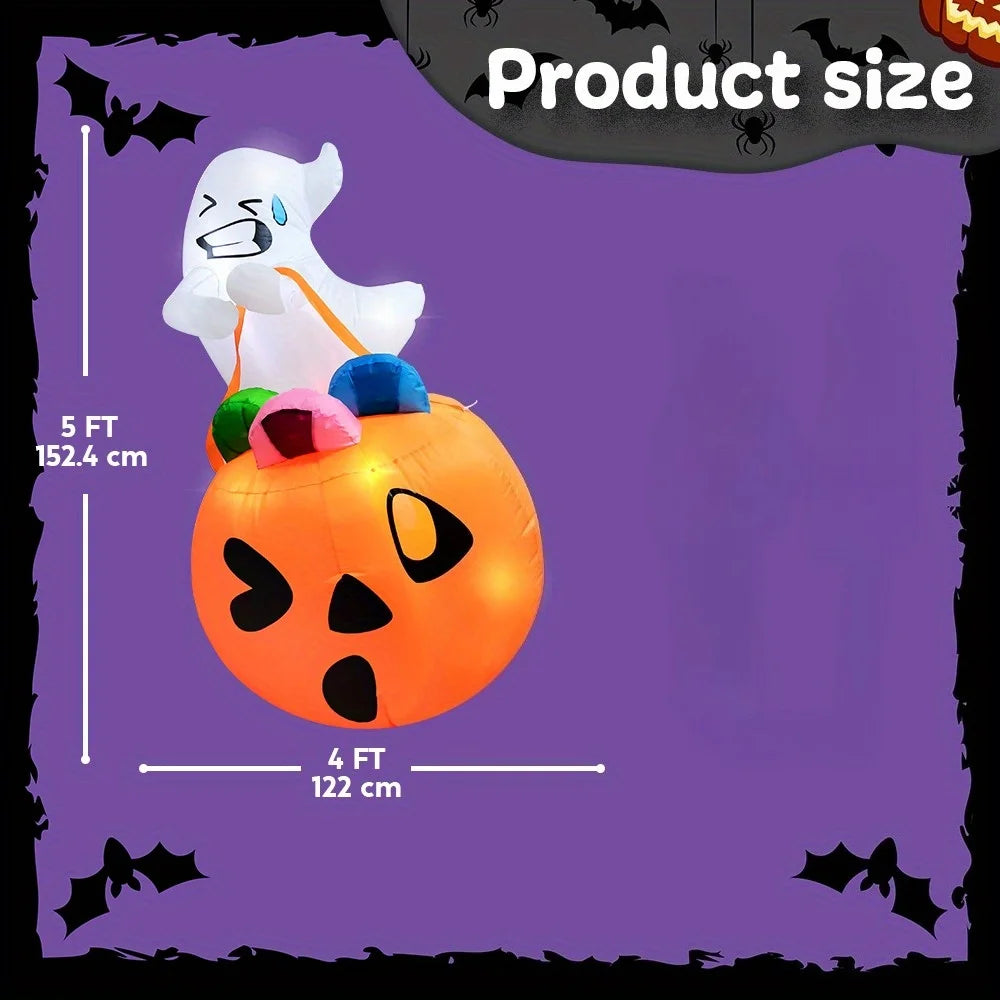 5 FT Tall Halloween Inflatables Outdoor Decorations Inflatable Cute Ghost Halloween Decor Outdoor Blow Up Ghost Lift Pumpkin Candy Bag with Build-in LEDs for Yard Decorations