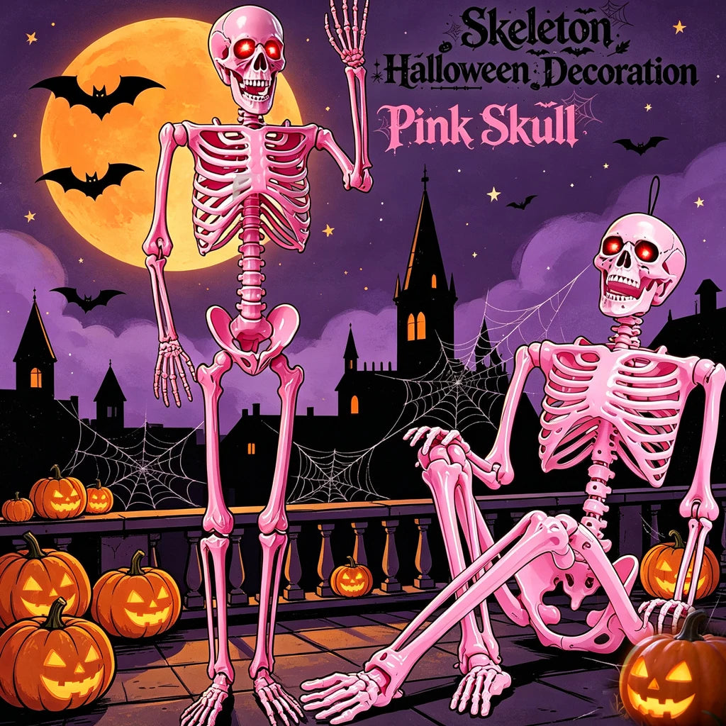 Sound Activated 5.6FT Pink Full Body Posable Skeleton with Glowing Red LED Eyes, Creepy Ghost Voice Halloween Skull Decoration, Movable Joint Plastic Bones for Yard, Haunted House, Cemetery & Spooky Party Indoor Outdoor Decor