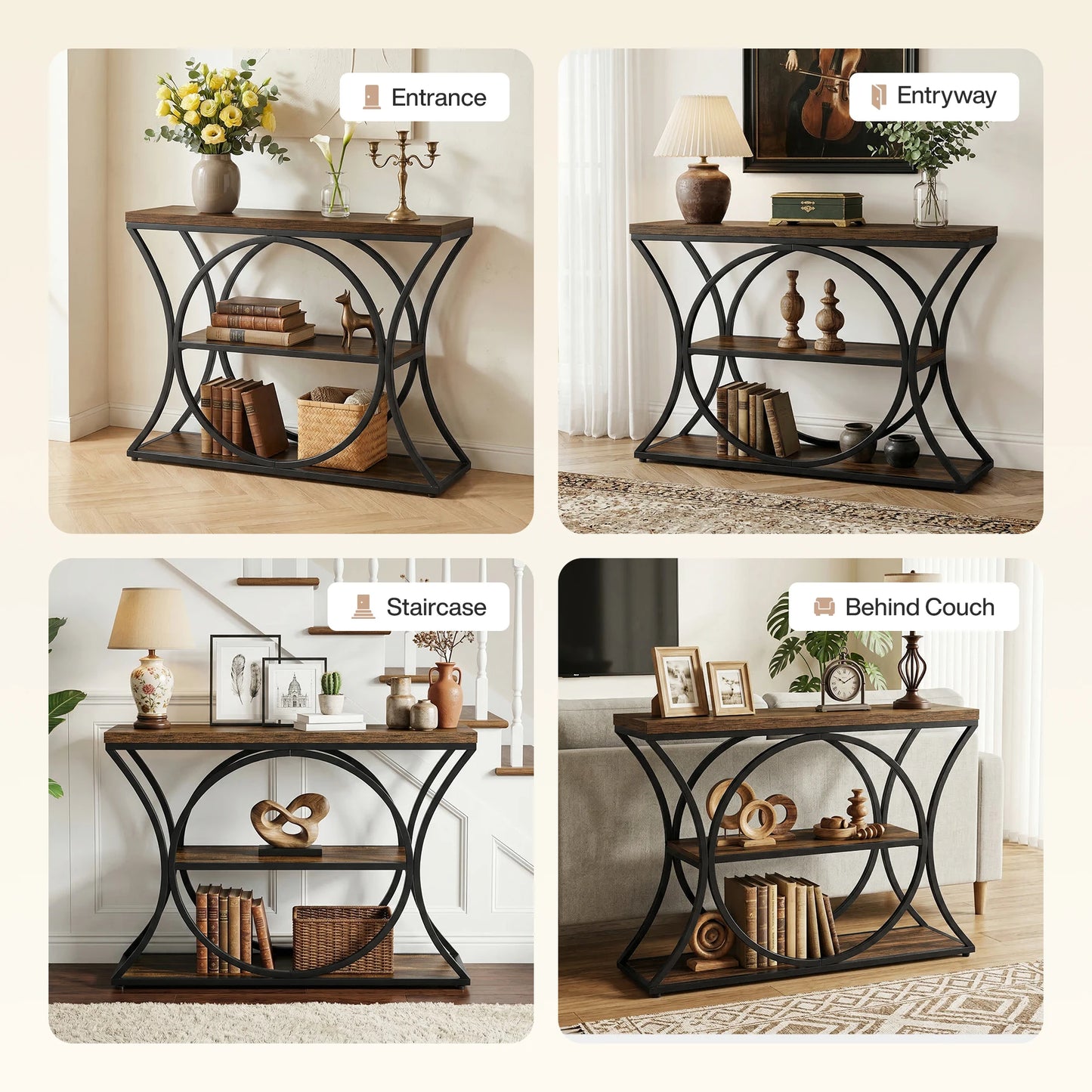 Tribesigns 43.34-Inch Industrial Console Table, 3-Tier Sofa Table with Arched Metal Frame, Narrow Accent Entryway Tables with Storage Shelf for Living Room, Behind Couch, Hallway, Foyer, Small Spaces