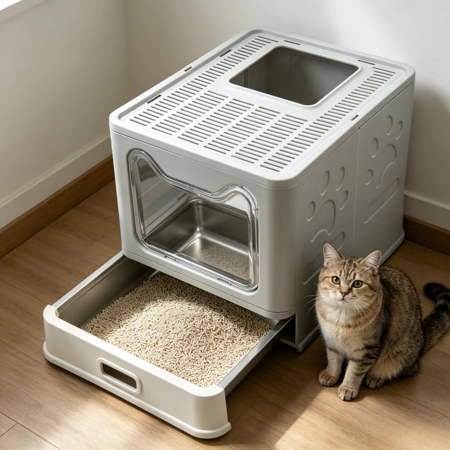 Totally Enclosed Cat Litter Box With Front Entry And Scoop