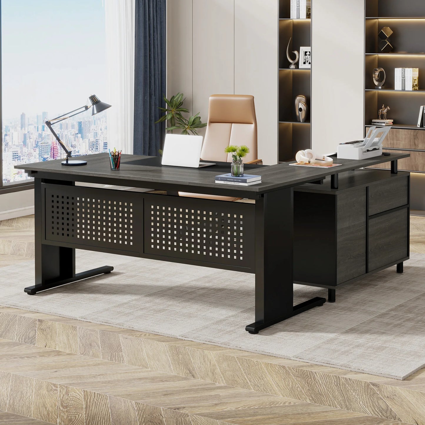 Tribesigns Executive Desk With File Cabinet And Storage Shelves