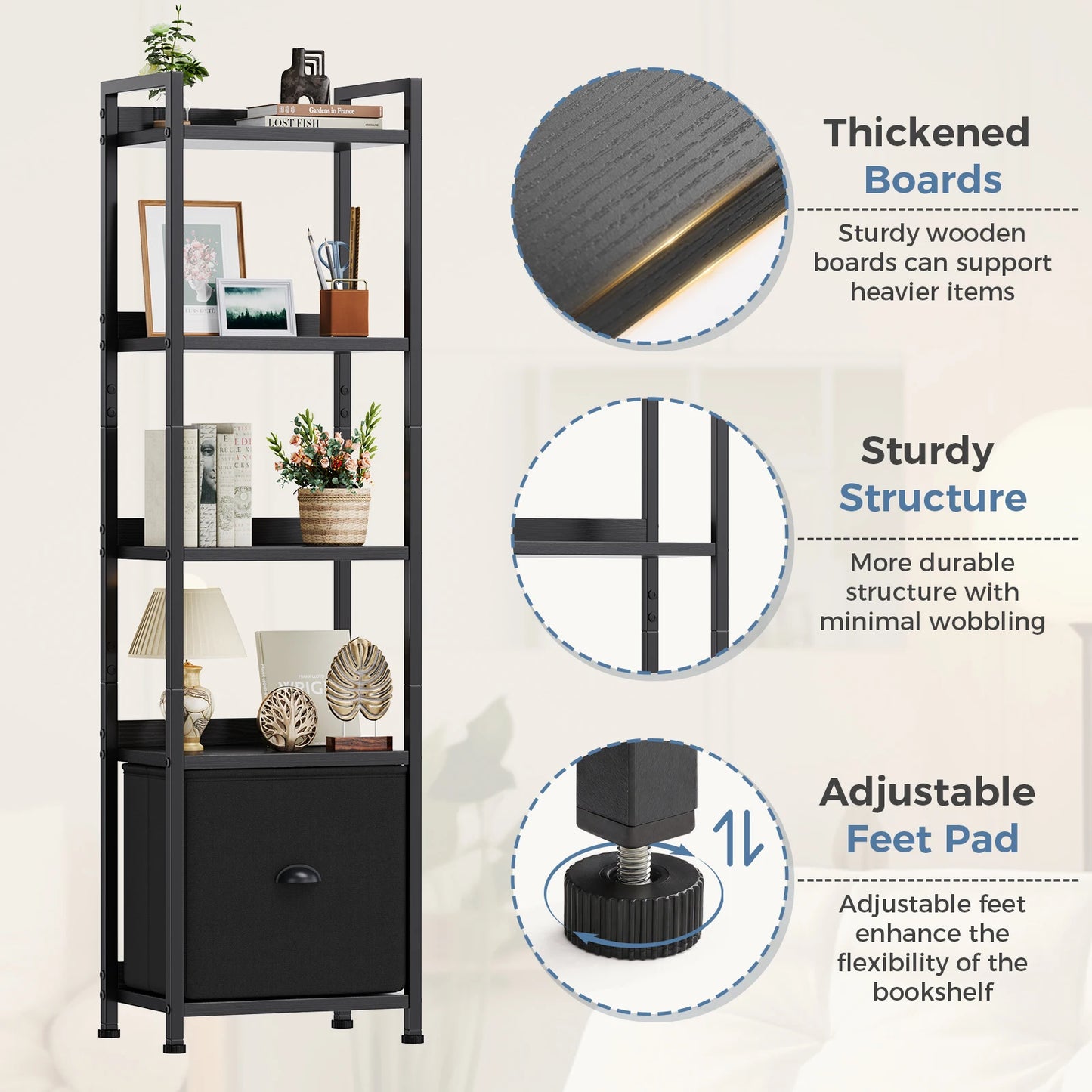 MCQ 4-5 Tier Bookshelf with Fabric Drawer Standing Open Book Shelf Organizer Wood and Metal Storage Shelf Organizer in Living Room Bedroom