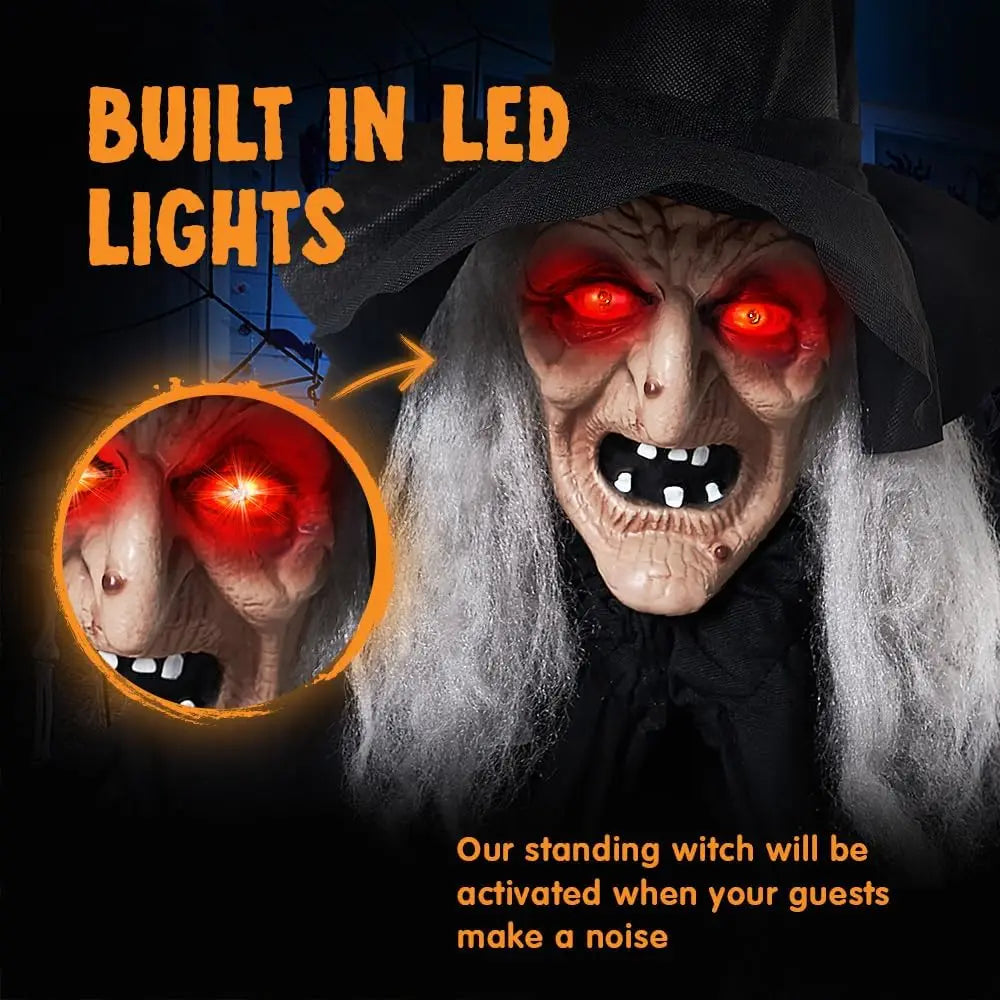 72" Animatronics Witch Outdoor Halloween Decorations with Cane Life Size Animated Ghost Haunted House Prop Décor with Creepy Sound and Light-up Eyes, Party Supplies