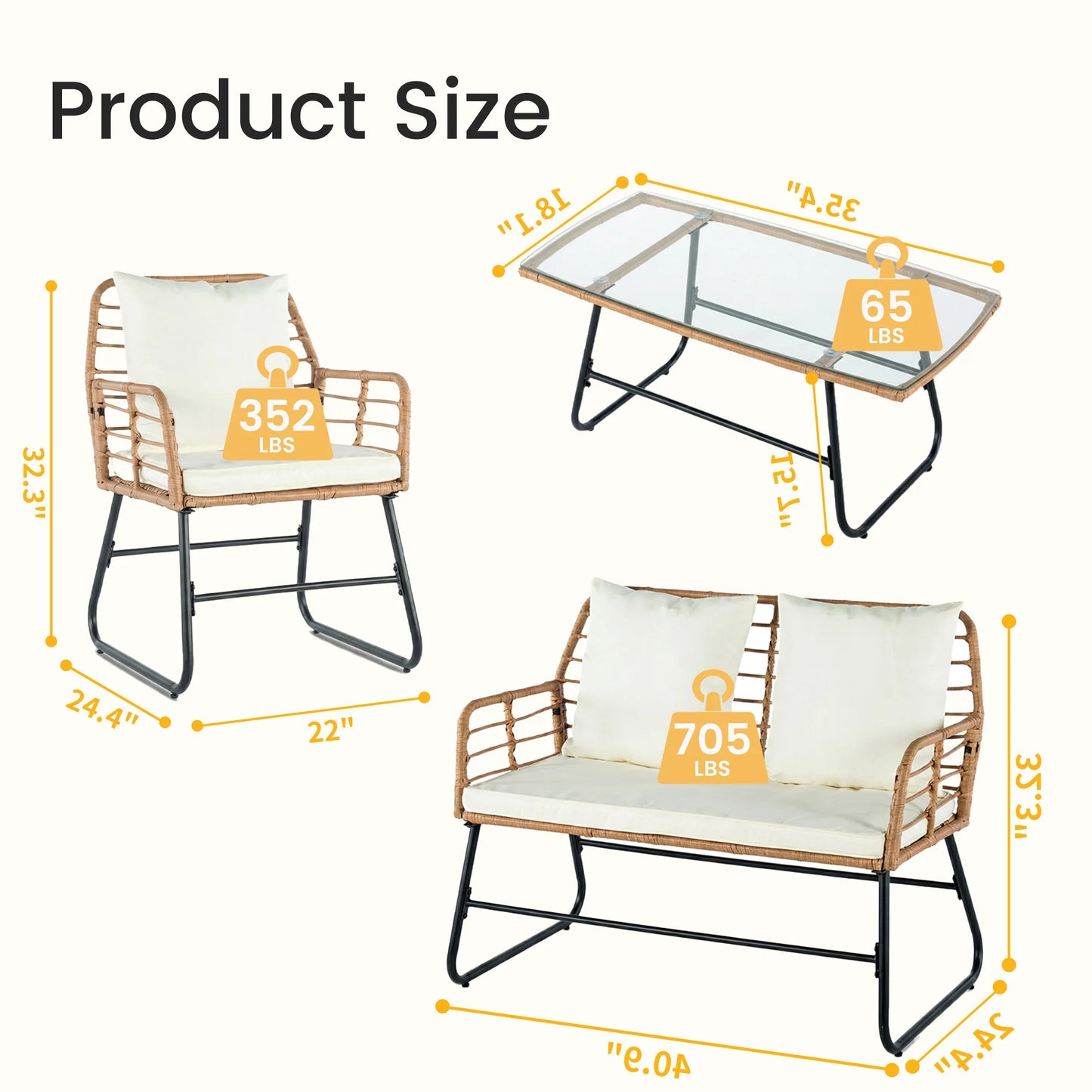 JHK Outdoor Wicker Patio Set With Glass Table Cushions