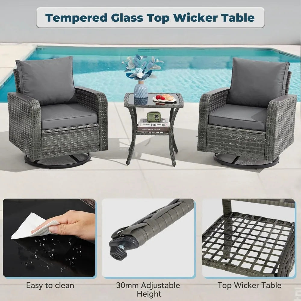 Wicker Patio Set With Swivel Chairs And Side Table For Outdoor Use