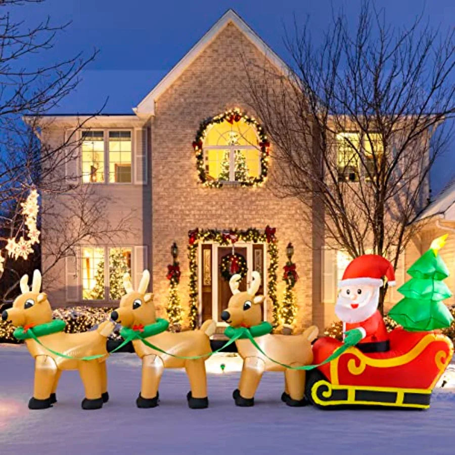 Outdoor Christmas inflatables decorations: 13 FT lighted Santa Claus on sleigh with 3 reindeer Christmas tree, PVC material, re