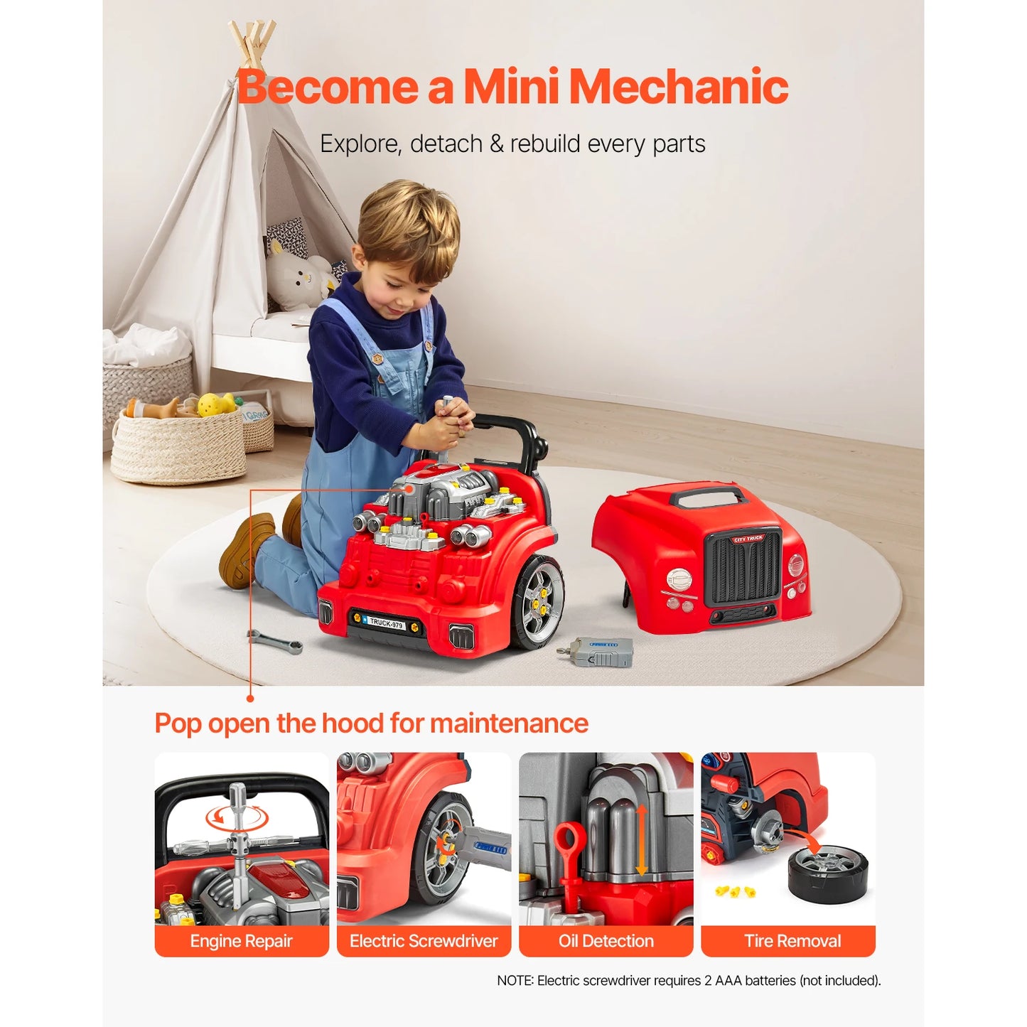 SucceBuy Kids Mechanic Car Repair Set With Removable Parts 60-Piece