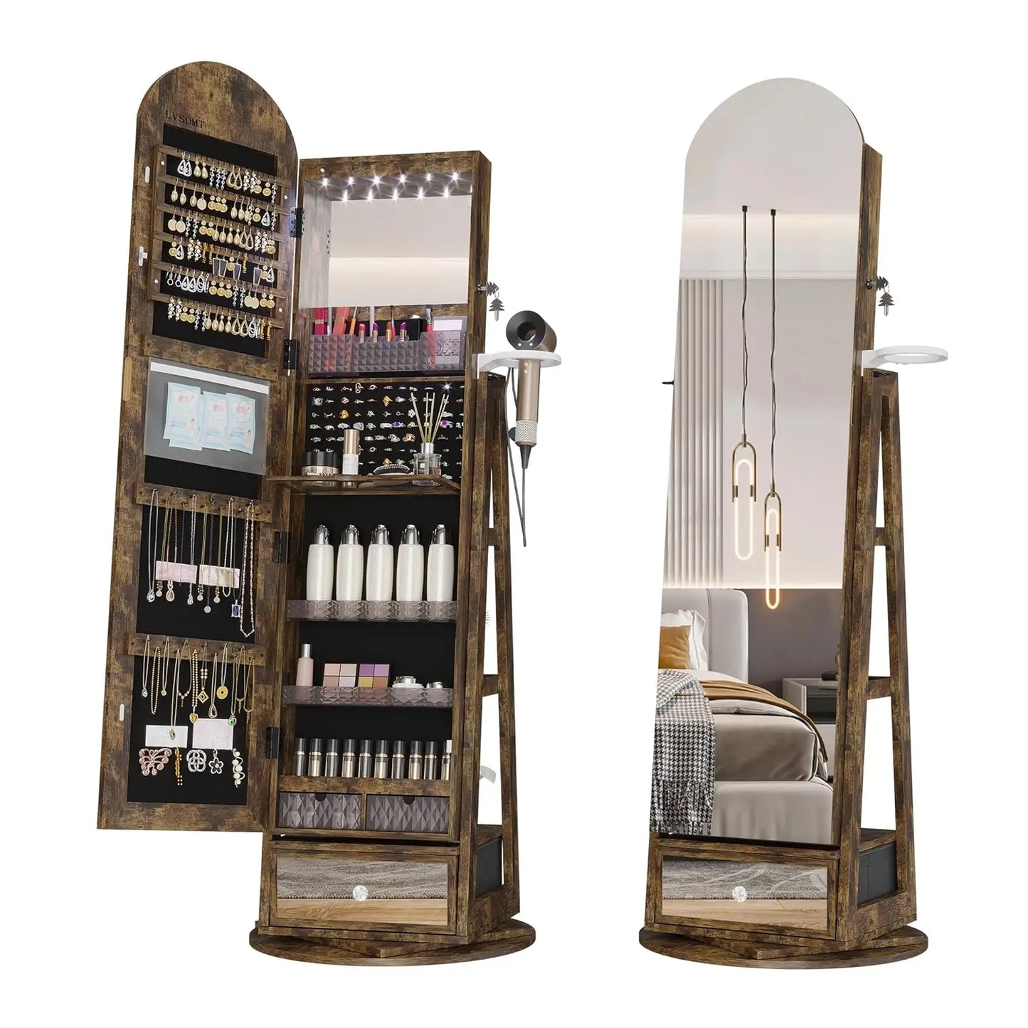 MOYU 360 Degree Swivel Arched Jewelry Mirror Cabinet with LED