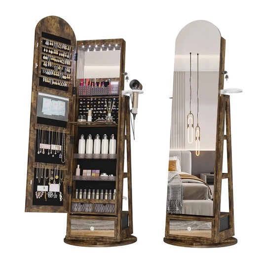 MOYU 360 Degree Swivel Arched Jewelry Mirror Cabinet with LED
