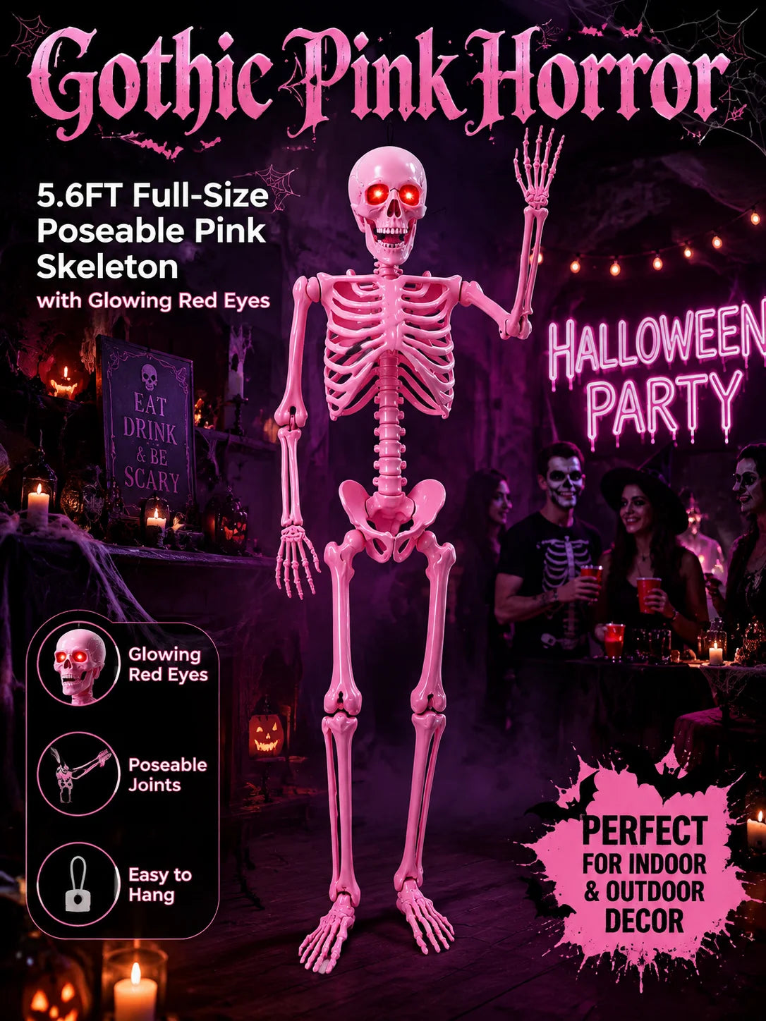 Sound Activated 5.6FT Pink Full Body Posable Skeleton with Glowing Red LED Eyes, Creepy Ghost Voice Halloween Skull Decoration, Movable Joint Plastic Bones for Yard, Haunted House, Cemetery & Spooky Party Indoor Outdoor Decor