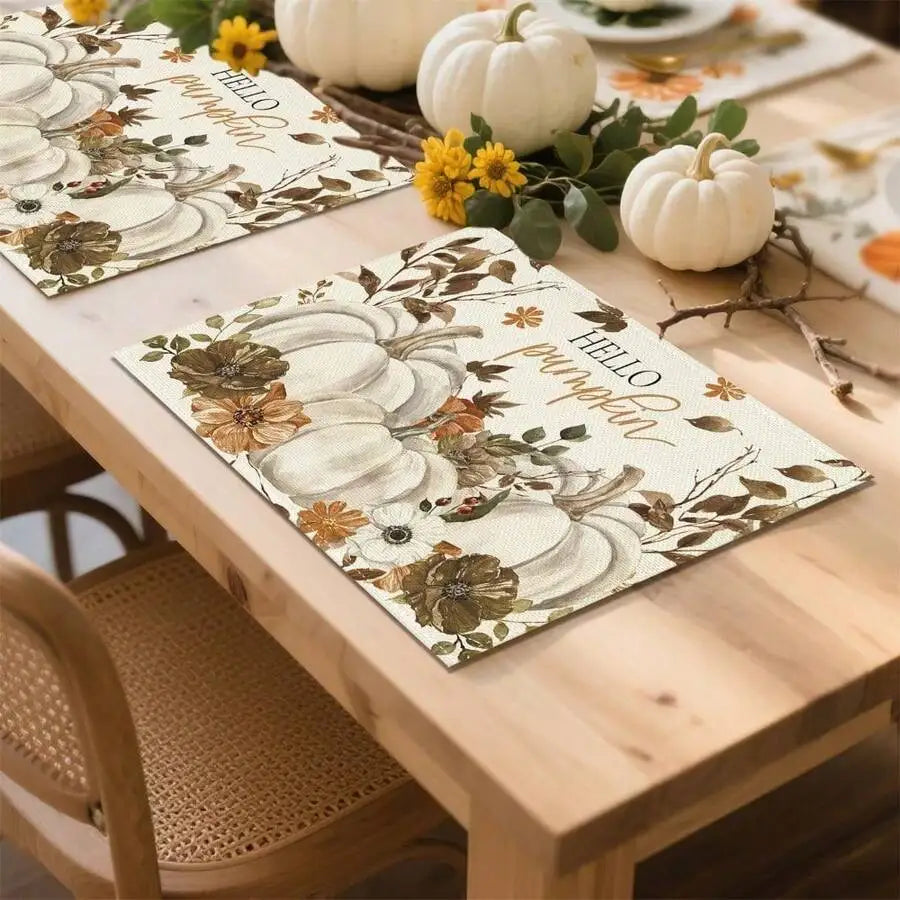4pcs Hello Pumpkin Hand-Painted Flowers White Pumpkin Placemats 12x18 Inch Fall Thanksgiving Table Decorations For Kitchen Di