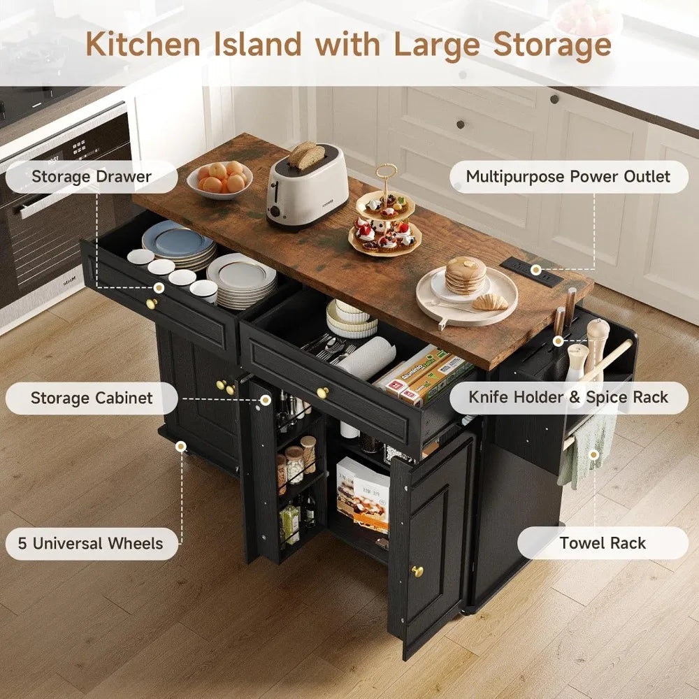 Mobile Kitchen Island With Power Outlet Spice Rack Towel Bar Storage