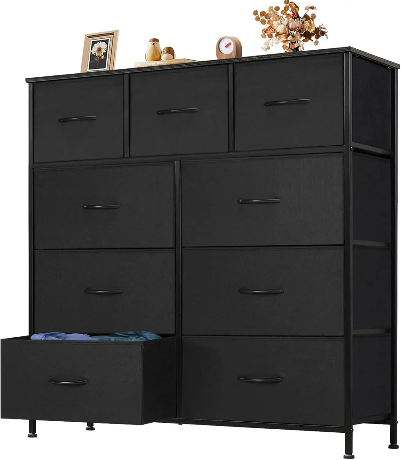 9 Drawer Storage Dresser with Wood Top - Wide Fabric Chest Organizer for Bedroom, Closet, Living Room,Tower Cabinet, TV