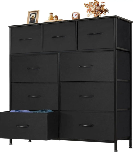9 Drawer Storage Dresser with Wood Top - Wide Fabric Chest Organizer for Bedroom, Closet, Living Room,Tower Cabinet, TV