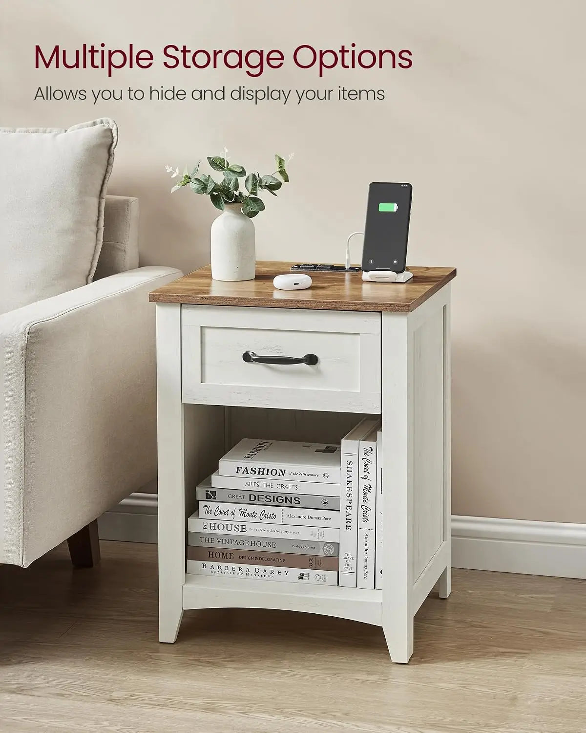 Farmhouse Nightstands With Charging Station Set of 2