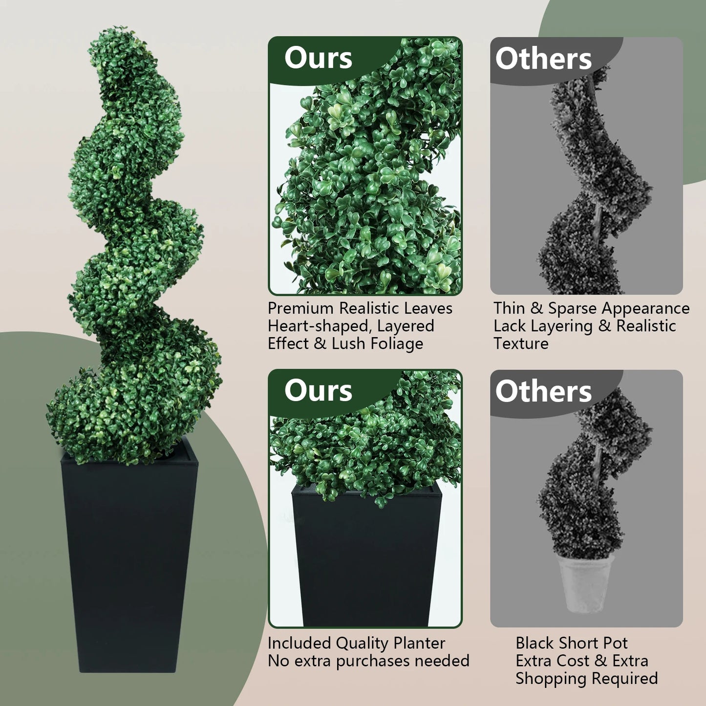 2.6/4.1/5.2ft Fake Plants 2 Pieces Artificial Boxwood Spiral Topiary Trees with Large Planter Spiral Faux Topiary Trees for Indoor Outdoor All-Year Green Fake Plants Highly Simulated for Home Christmas Decorative/Indoor/Front