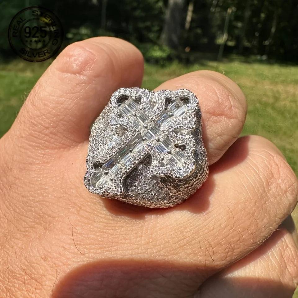 Fashion Design Brilliant 925 Silver Cross Rings For Men Shiny Zircon Inlay Iced Out Hip Hop Ring Vintage Rapper Jewelry