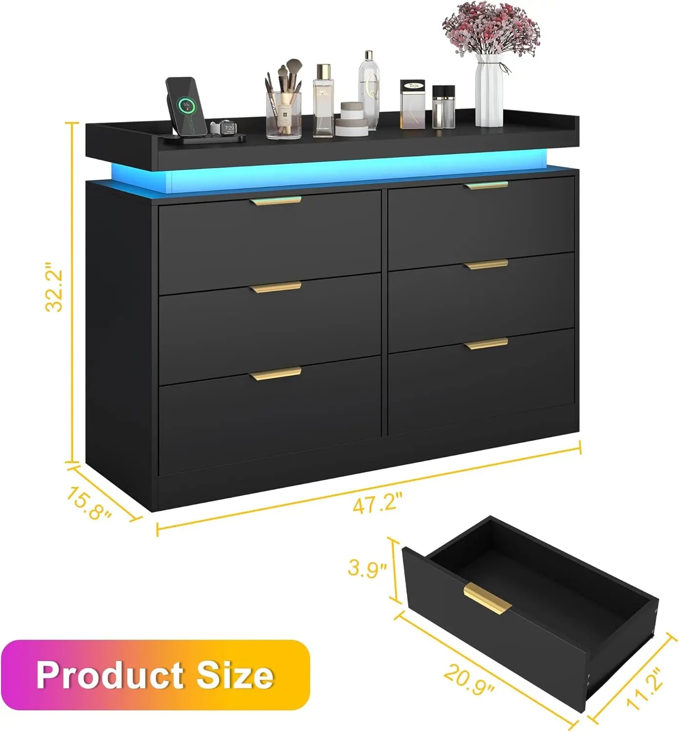 6 Drawer Dresser For Bedroom With LED Lights And Outlet