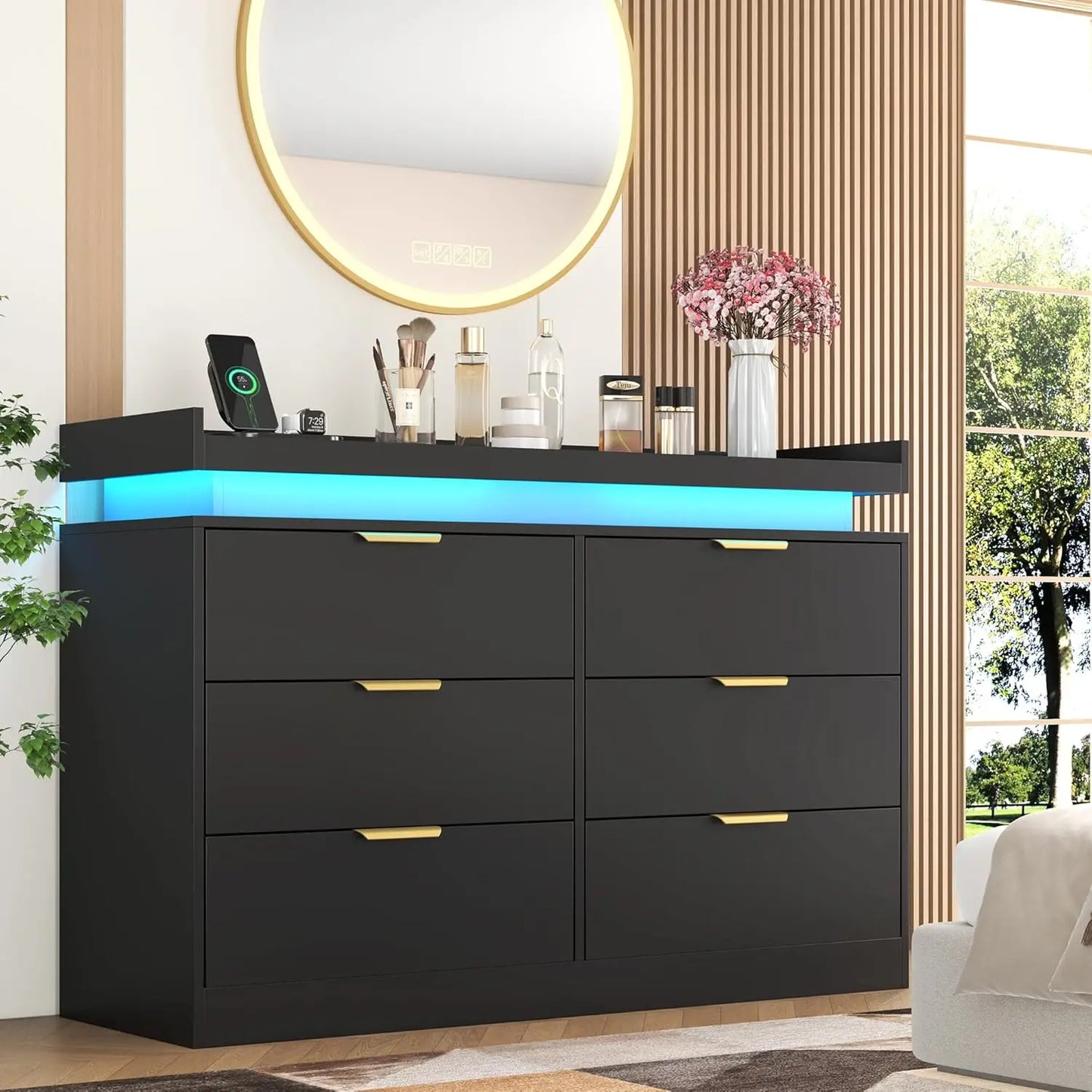 6 Drawer Dresser For Bedroom With LED Lights And Outlet