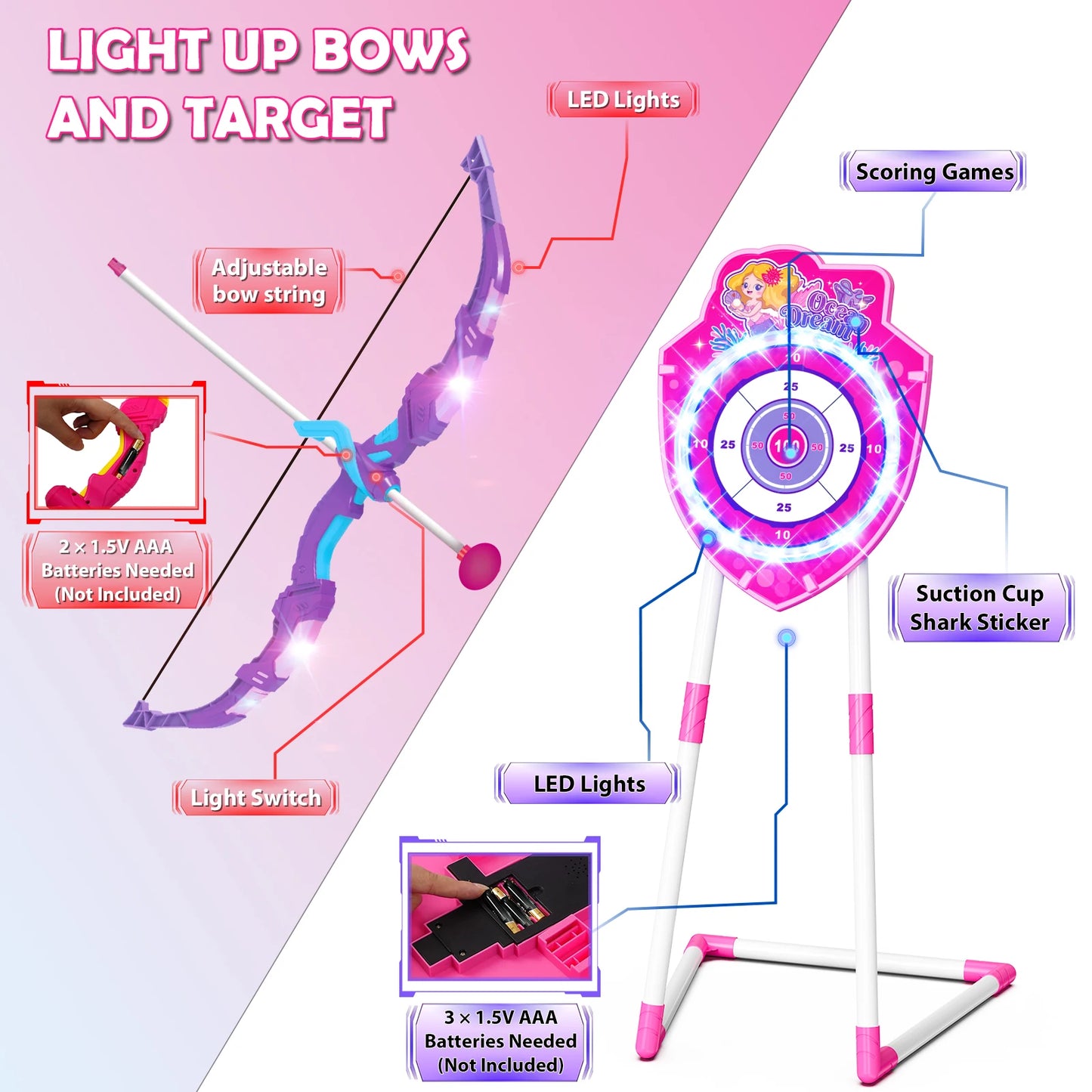 VATOS Night-Light Bow Arrow Guns Toy For Girls Archery Stand Target Board Indoor Outdoor Game Toys Kids Christmas Birthday Gift